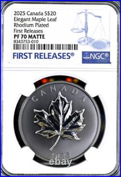 2025 $20 1oz Silver Rhodium Plated Elegant Maple Leaf Canada NGC PF70 Matte