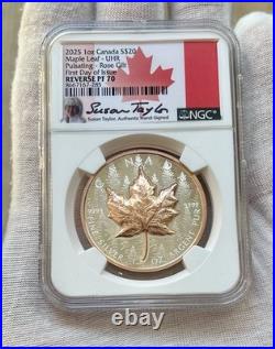 2025 $20 Canada Maple Leaf Coin Rose Gold Gilt Rev PF70 NGC FDOI Susan Taylor