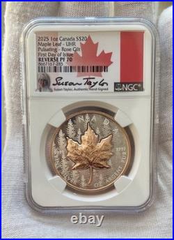 2025 $20 Canada Maple Leaf Coin Rose Gold Gilt Rev PF70 NGC FDOI Susan Taylor