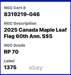 2025 $5 1 Oz Silver Canada 60th Maple Leaf Flag Ngc Pf70 Queen Elizabeth Fr