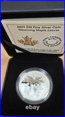 2025 New Canadian Mint $10 Gleaming Maple Leaves Pure Silver Coin