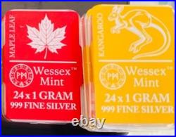 24 x 1g fine silver bars Wessex Kangaroo/G&D/Maple Leaf ONE BOX ONLY