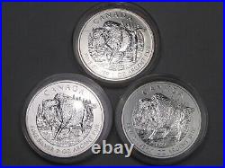 3 Silver $5 Wood Bison 2013 Canadian Maple Leafs 1oz. 9999 Fine each CANADA. #50