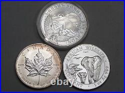 3 Silver Coins 1oz. 999 each 2012 Noah's Ark, 12 Maple Leaf, 15 Somalia Elephant