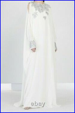 $3890 NEW Oscar de la Renta Maple Leaf Caftan White Silver Cold Shoulder XS S