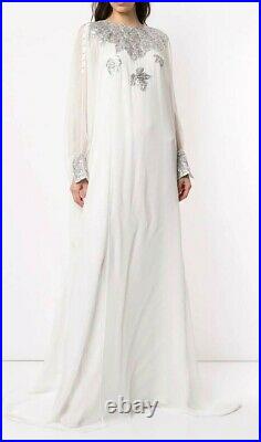 $3890 NEW Oscar de la Renta Maple Leaf Caftan White Silver Cold Shoulder XS S