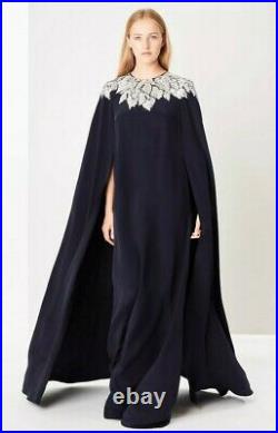 $4290 NEW Oscar de la Renta Silk Maple Leaf Cape Back Caftan Navy Silver XS S