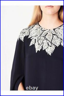 $4290 NEW Oscar de la Renta Silk Maple Leaf Cape Back Caftan Navy Silver XS S