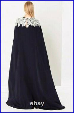 $4290 NEW Oscar de la Renta Silk Maple Leaf Cape Back Caftan Navy Silver XS S