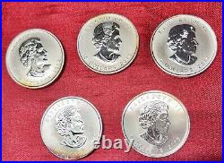 (5) 1 Oz. 9999 Silver? Toned Argent Pur Canada Maple Leaf Consecutive Yr Coins