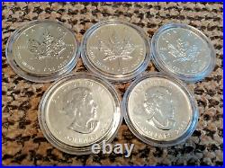 5 (Five) CANADA 2013 FINE SILVER ONE OUNCE $5 MAPLE LEAF COINS WITH CAPSULE