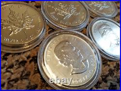 5 (Five) CANADA 2013 FINE SILVER ONE OUNCE $5 MAPLE LEAF COINS WITH CAPSULE