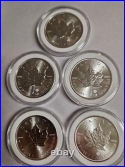 5x 1oz Silver Royal Canadian Maple Leaf Bullion Coins 2015.999 Fine Silver