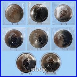 8x Canada Silver Maple Leaf 1988-93 1995 1996 1 oz Each 9999 Mintage From 250,445