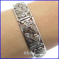 925 Sterling Silver Antique Germany Maple Leaf Panel Link Bracelet 7.25