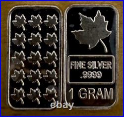 9999 Fine Silver 1gram Fractional Bar Exceptional Purity. MAPLE LEAF