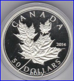 Boxed 2014 Canada Silver Proof Five Ounce $50 Maple Leaves Coin With Cert