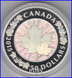 Boxed 2015 Canada Silver Lustrous Five Ounce $50 Maple Leaves Coin + Certificate