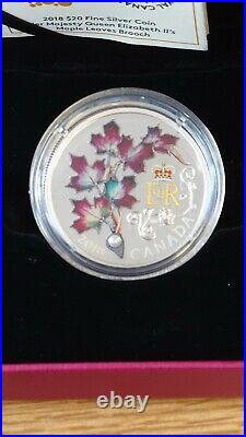 Boxed 2018 Canada Her Majesty The Queen Maple Leaves Brooch Silver Proof $20
