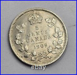 Canada 1909 King Edward Silver coin 5 Cents maple leaves UNC