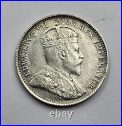 Canada 1909 King Edward Silver coin 5 Cents maple leaves UNC