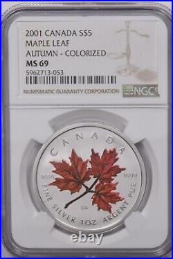 Canada 2001 5 dollar Silver NGC MS 69 Maple Leaf Autumn-Colarized NG1671 combine
