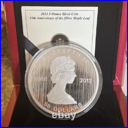 Canada 2013 Maple Leaf 25th Anniversary $50 Silver Proof 5oz Coin Box & COA