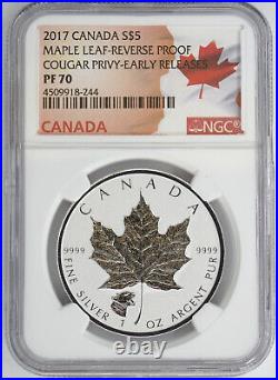 Canada 2017 Reverse Proof $5 Silver Maple Leaf Ngc Pf70 Cougar Privy Mark 18244
