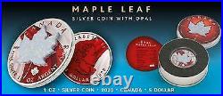 Canada 2020 5$ Maple Leaf Space RED 1 Oz Silver Coin w. White Opal Stone