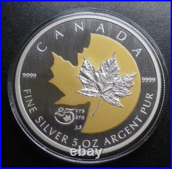 Canada 25th Anniversary of The Maple. 9999 Silver Proof 5oz Coin 2013 Box + COA