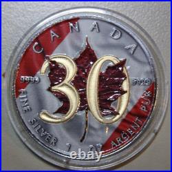 Canada Maple 5 Dollar 1988-2018 Silver 1 OZ F #5731 30th Anniversary Colored