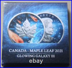 Canada Maple 5 Dollars 2021 Silver 1 oz F#4589 BU Glowing Galaxy III colored