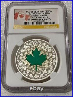 Canada Maple Leaf $20 2014 Green Enamel Early Releases NGC PF70 UC