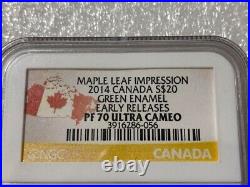 Canada Maple Leaf $20 2014 Green Enamel Early Releases NGC PF70 UC