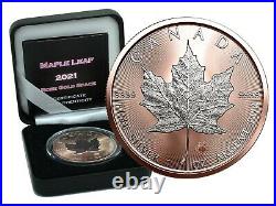 Canada Maple Leaf 2021 Rosegold Reverse Gilded 1 OZ 999 Silver with Box & COA