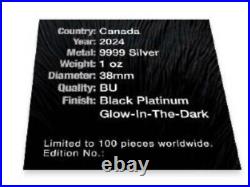 Canada2024 Black Wolverine 1oz Silver Maple Leaf BLK Platinum Coin w Glowing Eye