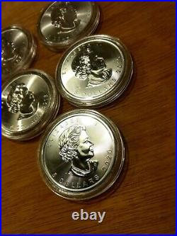 Canadian Maple leaf silver coin 1oz x 5 in capsules various years