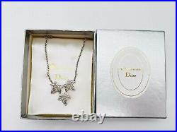 Christian Dior Vintage 1990s Maple Leaf Faux Crystals Pendent Necklace, Silver