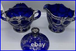 Dugan Diamond Maple Leaf Creamer And Sugar Set Cobalt Blue Silver Filigree 3 Pcs