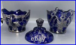 Dugan Diamond Maple Leaf Creamer And Sugar Set Cobalt Blue Silver Filigree 3 Pcs