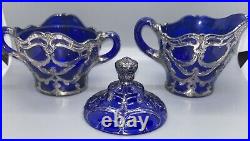 Dugan Diamond Maple Leaf Creamer And Sugar Set Cobalt Blue Silver Filigree 3 Pcs