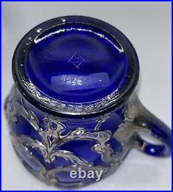 Dugan Diamond Maple Leaf Creamer And Sugar Set Cobalt Blue Silver Filigree 3 Pcs