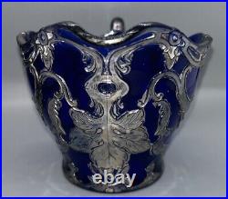 Dugan Diamond Maple Leaf Creamer And Sugar Set Cobalt Blue Silver Filigree 3 Pcs