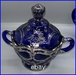 Dugan Diamond Maple Leaf Creamer And Sugar Set Cobalt Blue Silver Filigree 3 Pcs