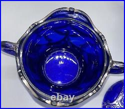 Dugan Diamond Maple Leaf Creamer And Sugar Set Cobalt Blue Silver Filigree 3 Pcs