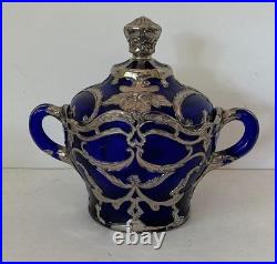 Dugan Diamond Silver Filigree Maple Leaf Sugar & Lid, Cobalt Blue, EAPG Glass
