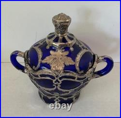 Dugan Diamond Silver Filigree Maple Leaf Sugar & Lid, Cobalt Blue, EAPG Glass Dugan Diamond Silver Filigree Maple Leaf Sugar & Lid, Cobalt Blue, EAPG Glass