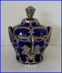 Dugan Diamond Silver Filigree Maple Leaf Sugar & Lid, Cobalt Blue, EAPG Glass