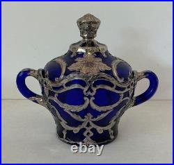 Dugan Diamond Silver Filigree Maple Leaf Sugar & Lid, Cobalt Blue, EAPG Glass