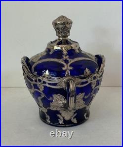 Dugan Diamond Silver Filigree Maple Leaf Sugar & Lid, Cobalt Blue, EAPG Glass